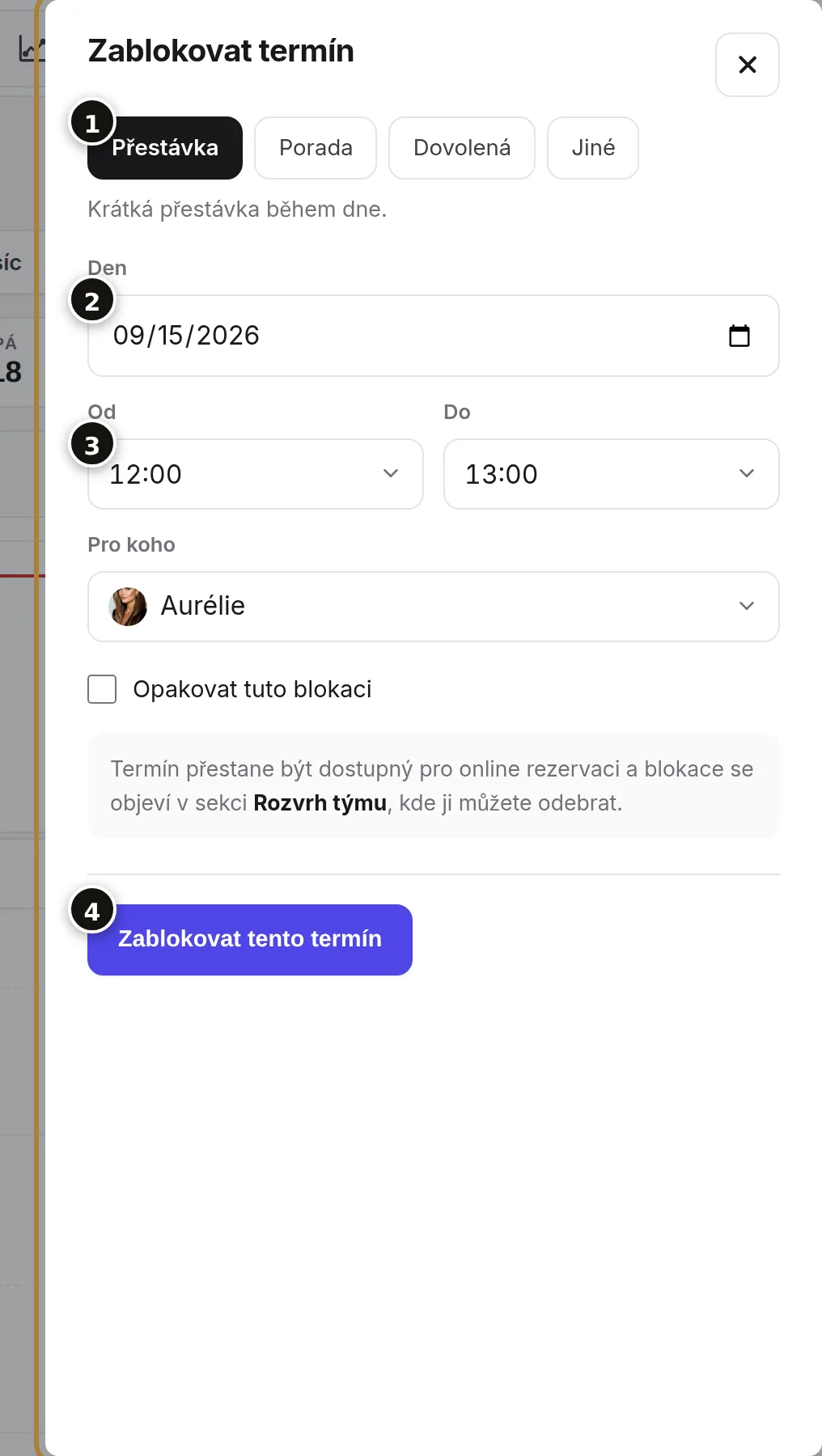 Důvod (1), den (2), hodiny a kadeřník (3), tlačítko (4).