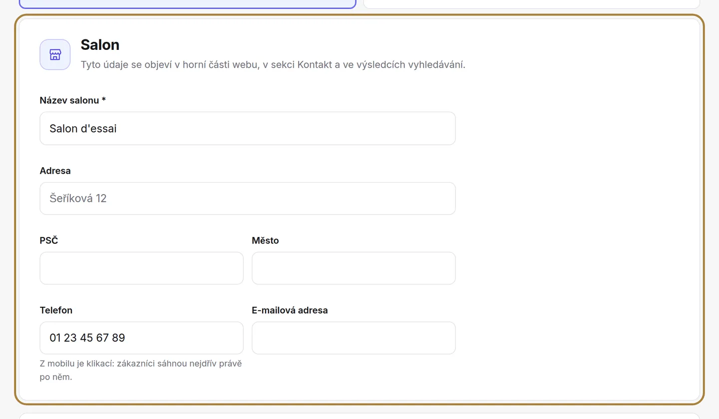 Formulář: adresa, telefon, e-mail, sítě.