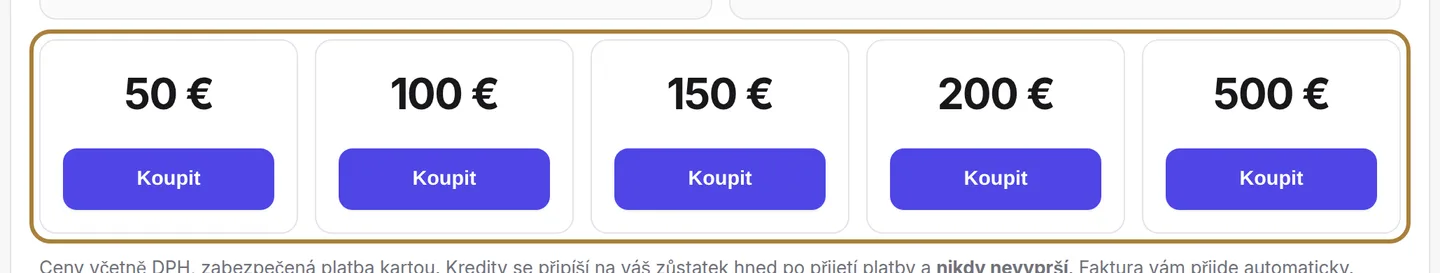 Dobití: vyberte balíček, zaplaťte kartou.