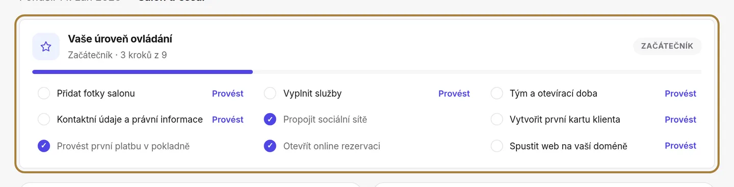 Vaše úroveň zvládnutí: každý řádek vede na příslušnou obrazovku.