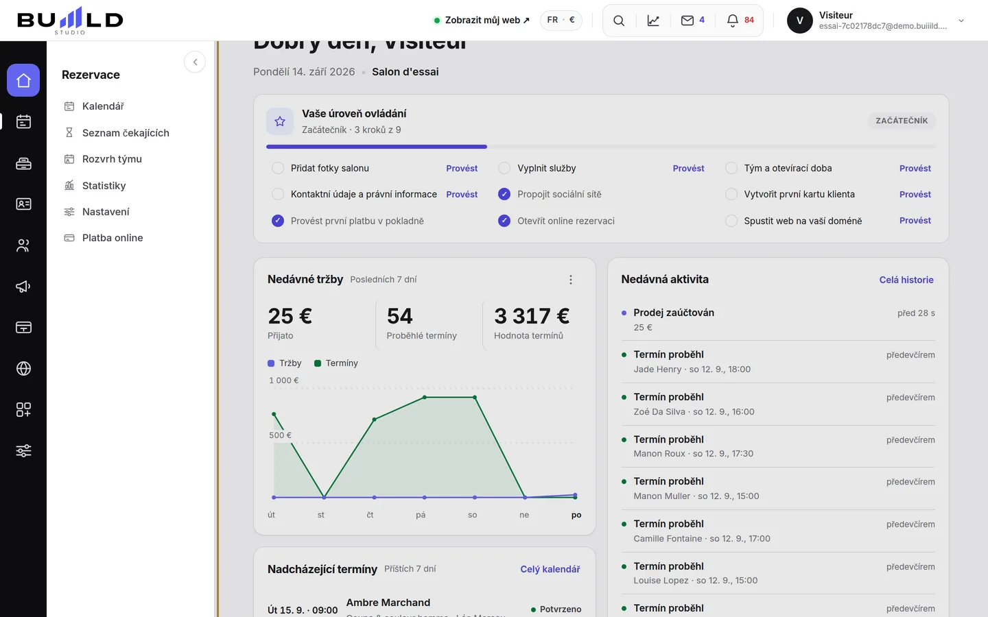 Nabídka vlevo: jedna skupina pro každou profesi salonu.