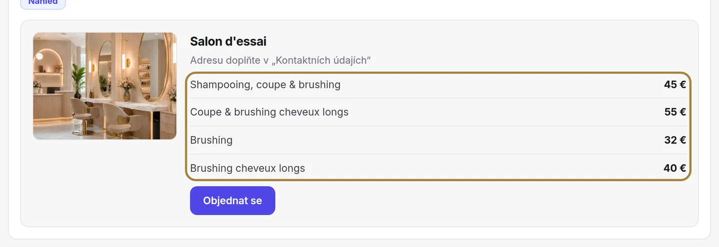 Vaše služby a ceny: zobrazují se jen aktivní služby.