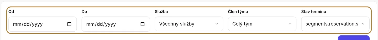 Vyhledávání podle rezervace: období, služba, spolupracovník, stav.