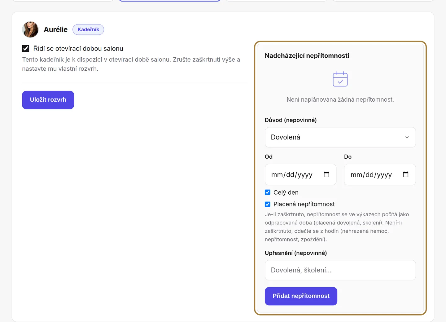 Nadcházející nepřítomnosti a formulář pro jejich zadání.