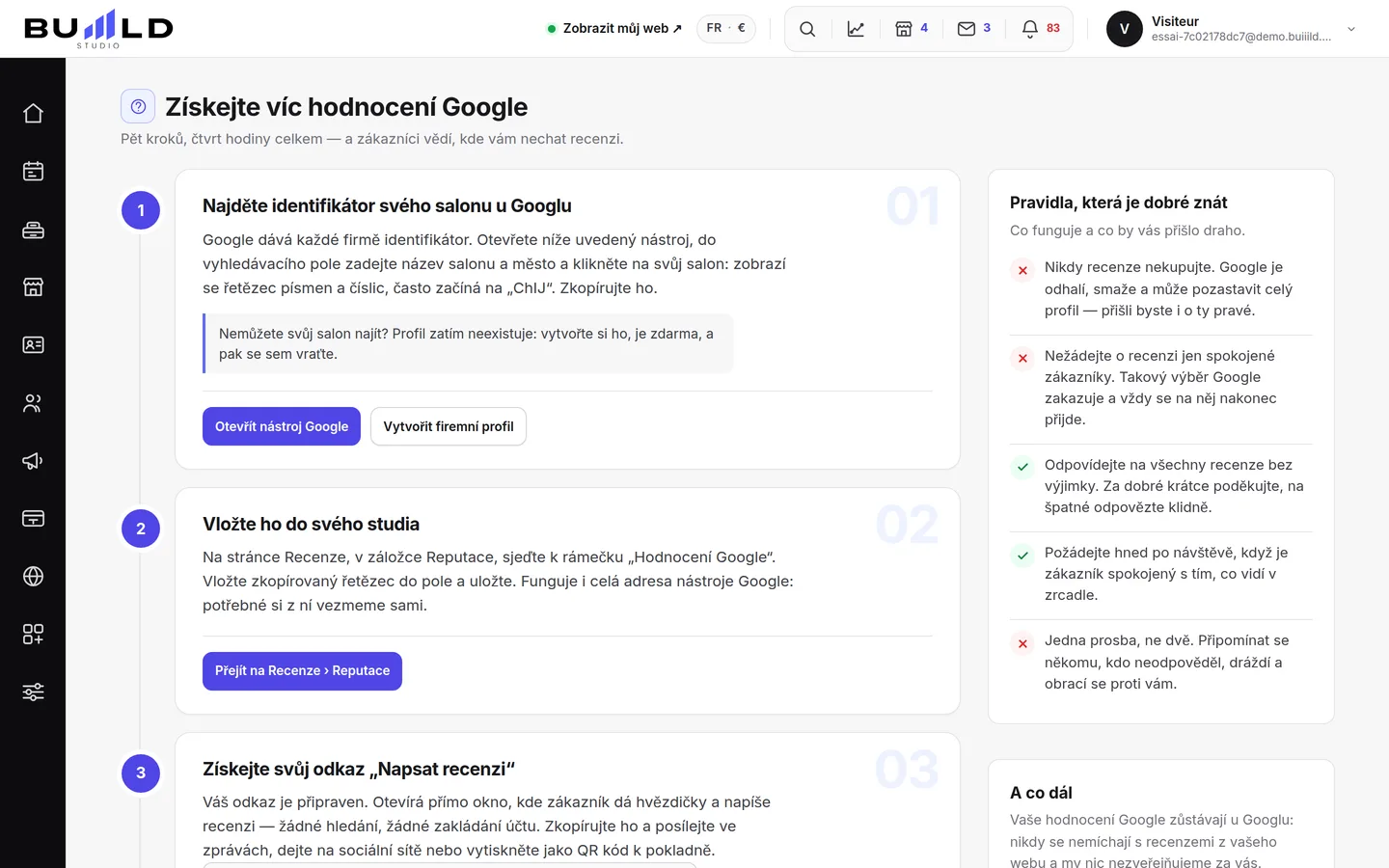 Průvodce „Sběr recenzí na Google“ studia.