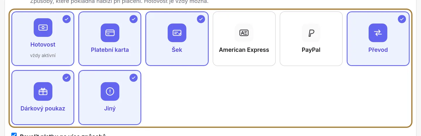 Způsoby platby, které přijímáte.