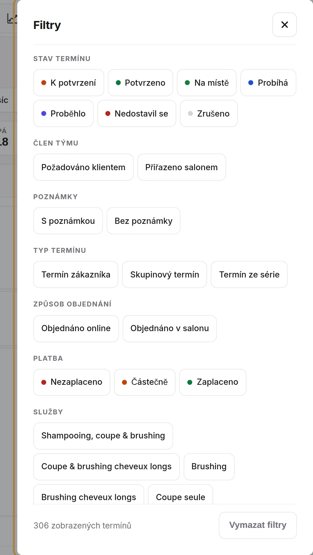 Filtry: stav, platba, rezervace online nebo v salonu, služby, poznámky…