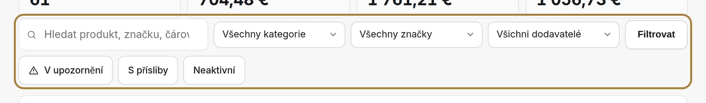 Najít produkt: název, referenční číslo, kategorie, značka, dodavatel.