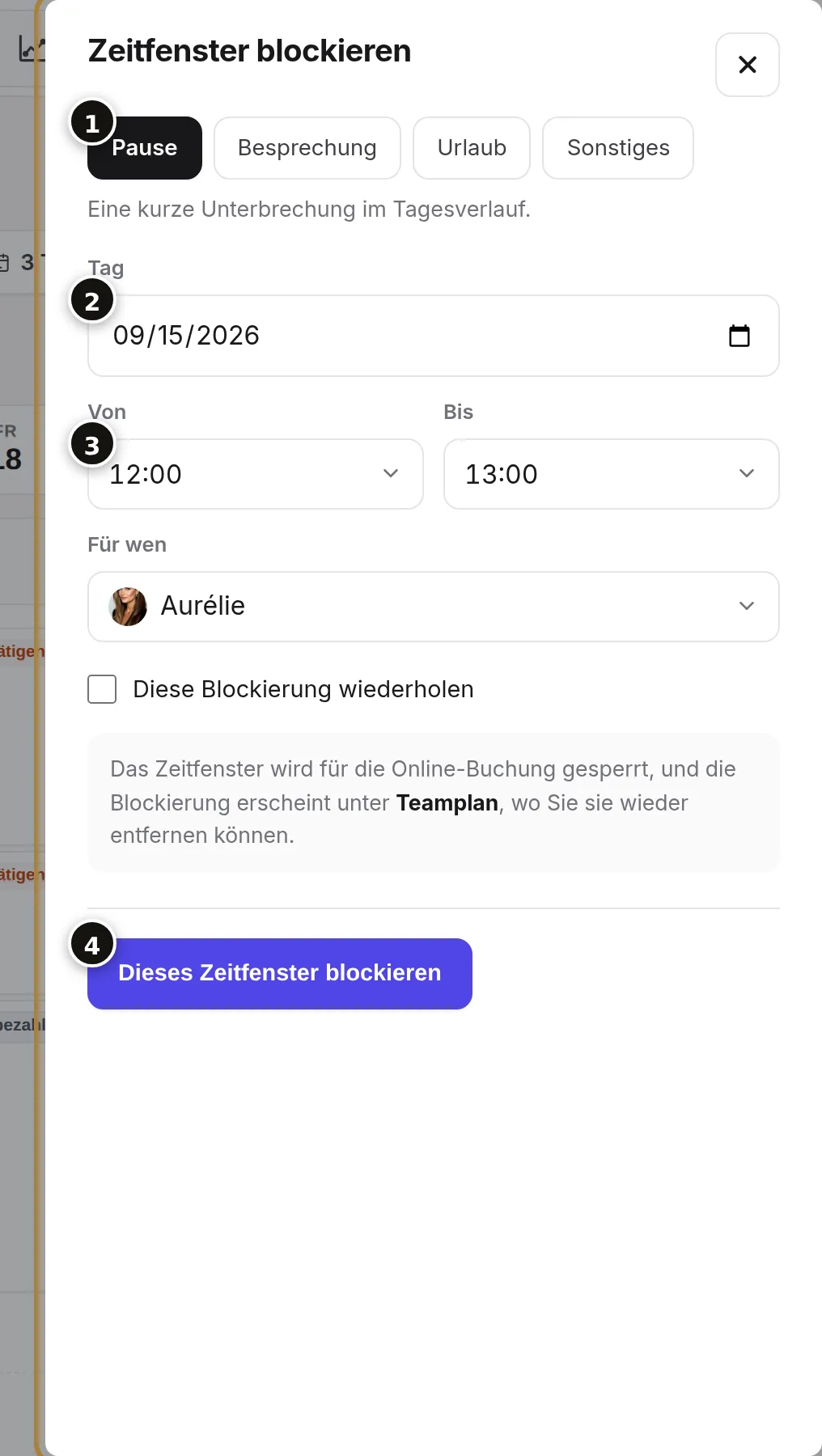 Der Grund (1), der Tag (2), die Uhrzeiten und der Friseur (3), die Schaltfläche (4).