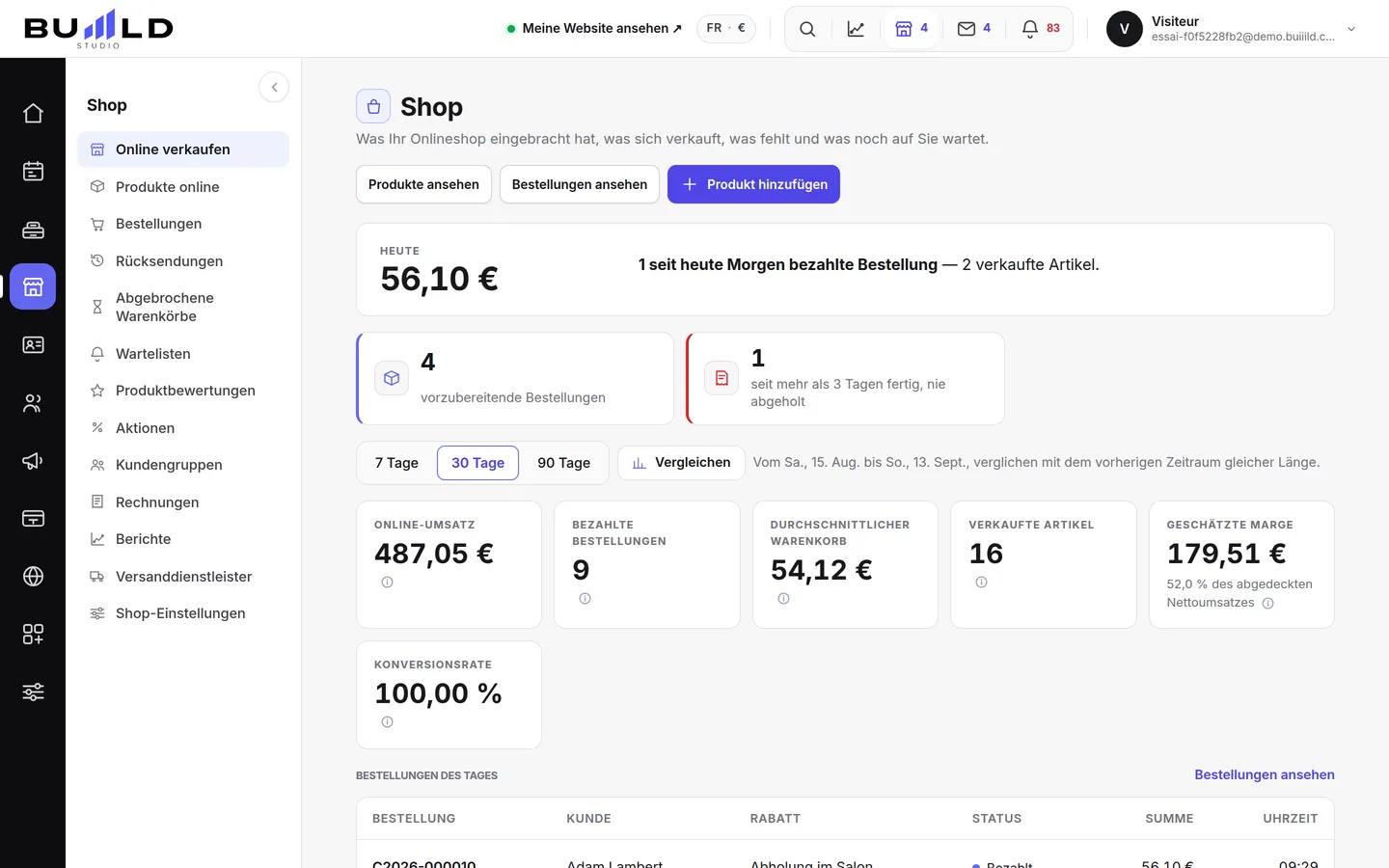 Das Dashboard des Shops.
