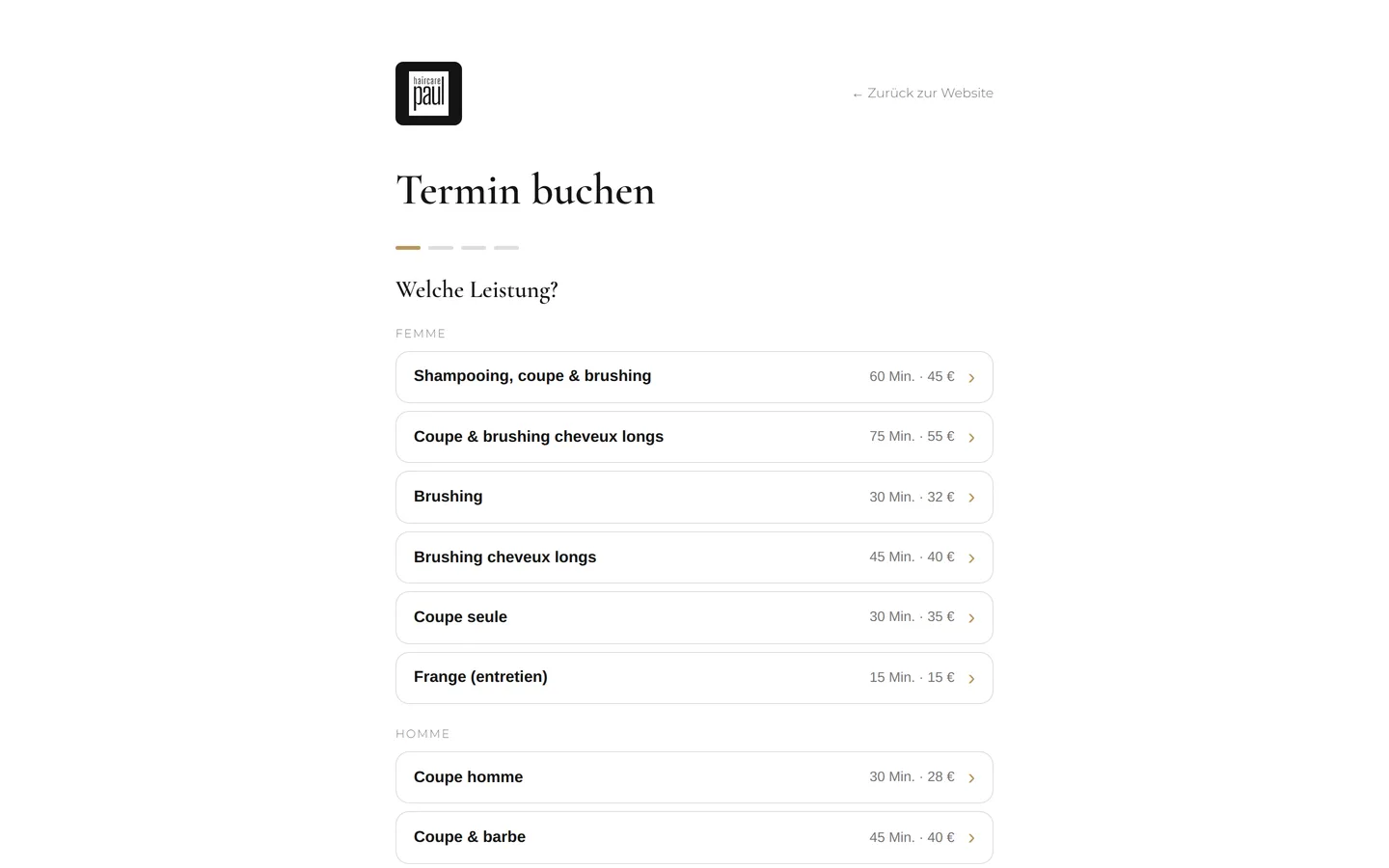 Die Buchungsseite Ihrer Website, so wie ein Kunde sie sieht.