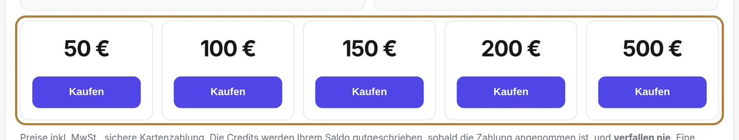 Aufladen: Wählen Sie ein Paket, zahlen Sie mit Karte.