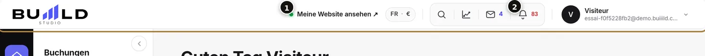 Die obere Leiste: „Meine Website ansehen" (1) und die Glocke (2).