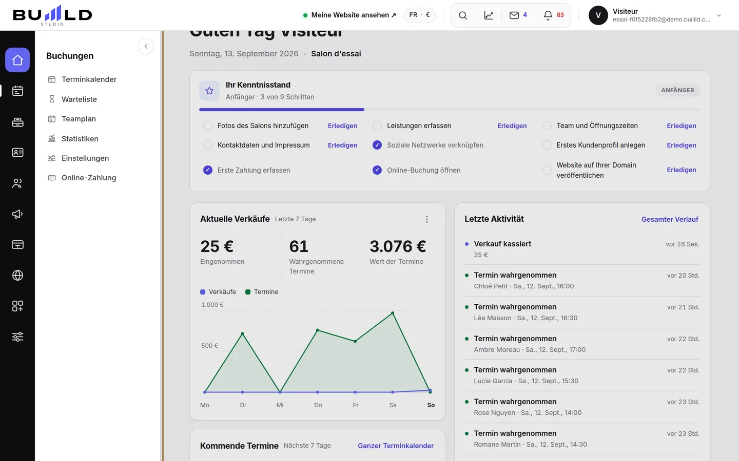 Das Menü links: eine Gruppe pro Tätigkeitsbereich des Salons.