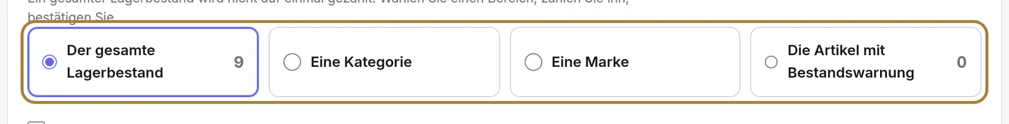 Auswählen, was Sie zählen: alles, eine Kategorie, eine Marke, oder nur die Warnungen.