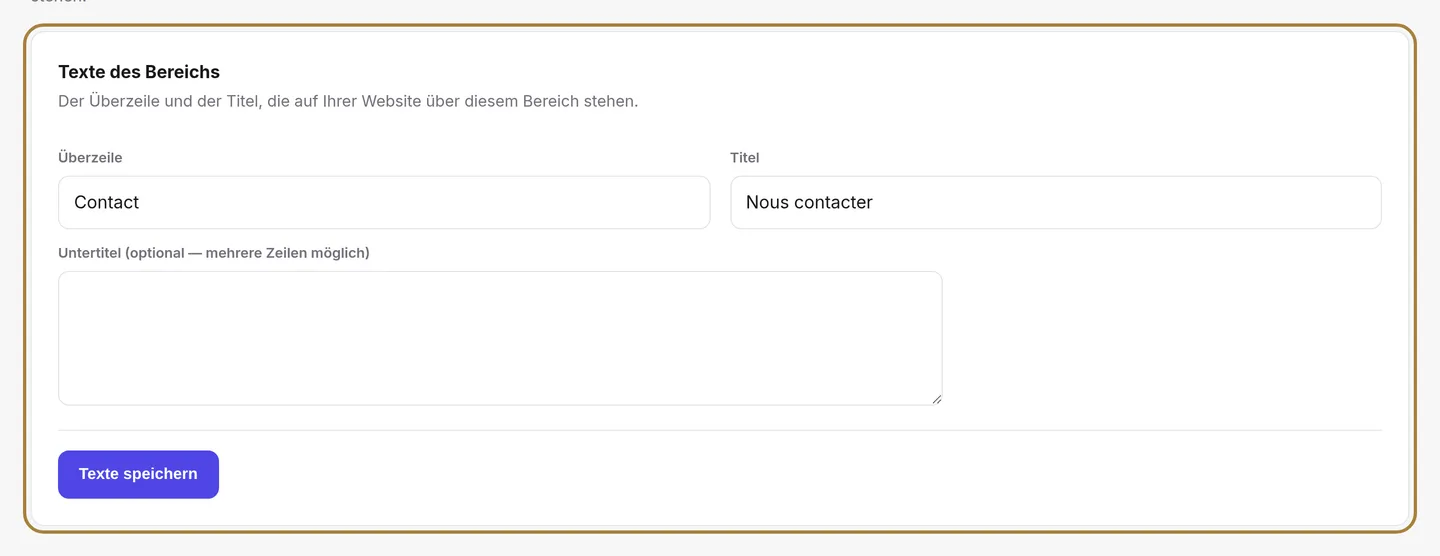 Die Texte des Bereichs Kontakt.