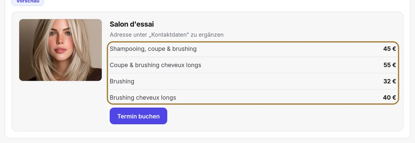 Ihre Leistungen und Preise: Nur aktive Leistungen erscheinen.