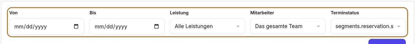 Die Suche nach Buchung: Zeitraum, Leistung, Mitarbeiter, Status.