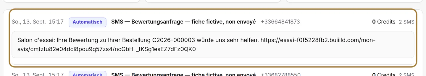 Jede Versendung im Detail, mit dem genauen erhaltenen Text.