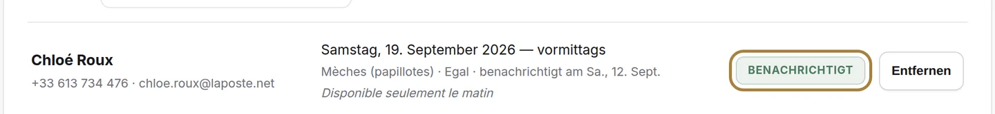 Der Status jeder Anfrage: wartend, benachrichtigt, hat gebucht.