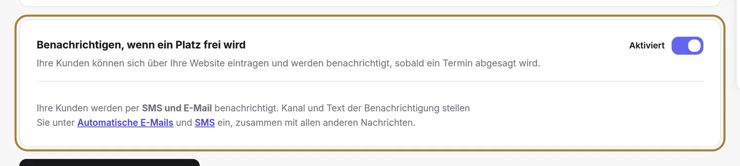 Aktivieren, deaktivieren und den Kanal der Benachrichtigungen wählen.