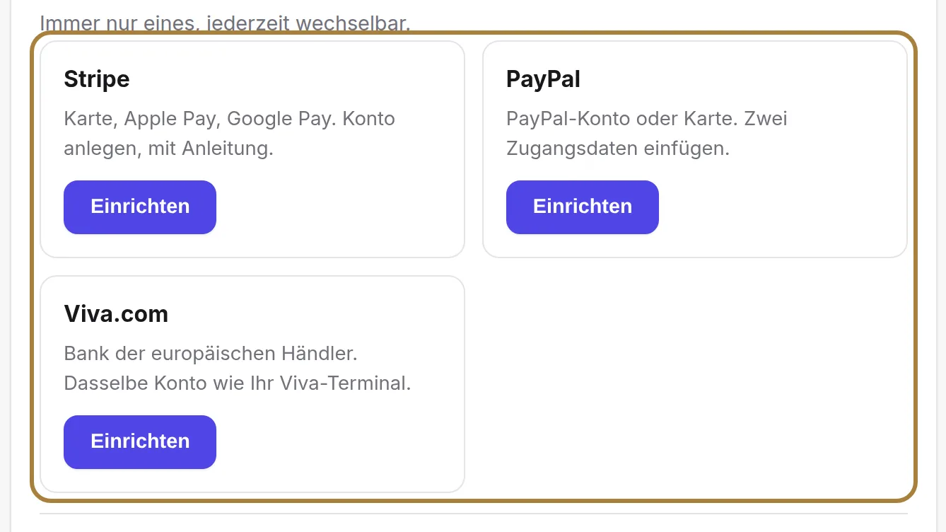 Wählen, wer für Sie kassiert: Stripe, PayPal oder Viva, immer nur einer gleichzeitig.
