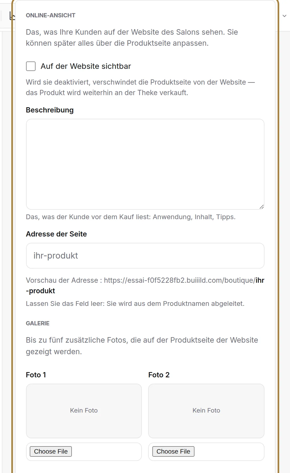 Die Seite der Website: Sichtbarkeit, Beschreibung, Adresse, Fotos.