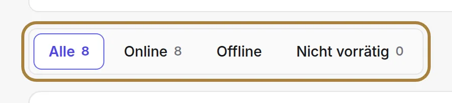 Online, offline, ausverkauft: jede Ansicht trägt ihren Zähler.