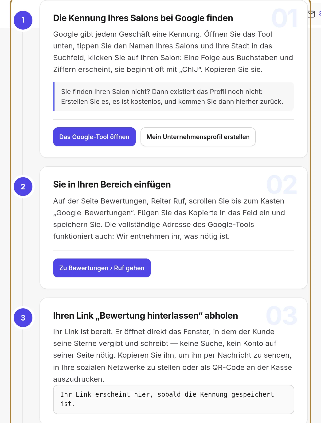 Die fünf Schritte, in der Reihenfolge.