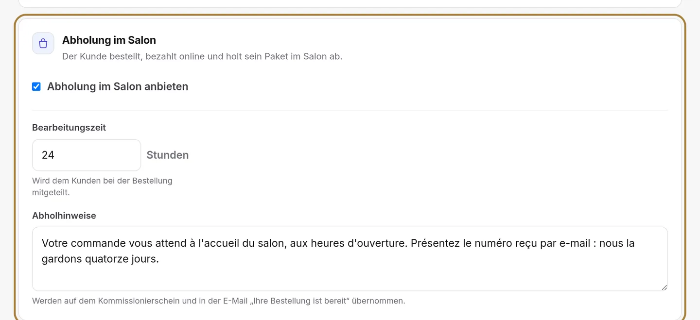 Die Abholung im Salon.