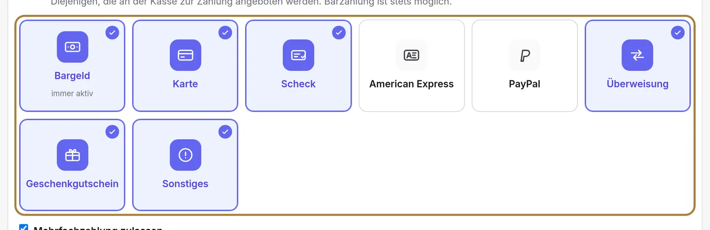 Die von Ihnen akzeptierten Zahlungsmittel.