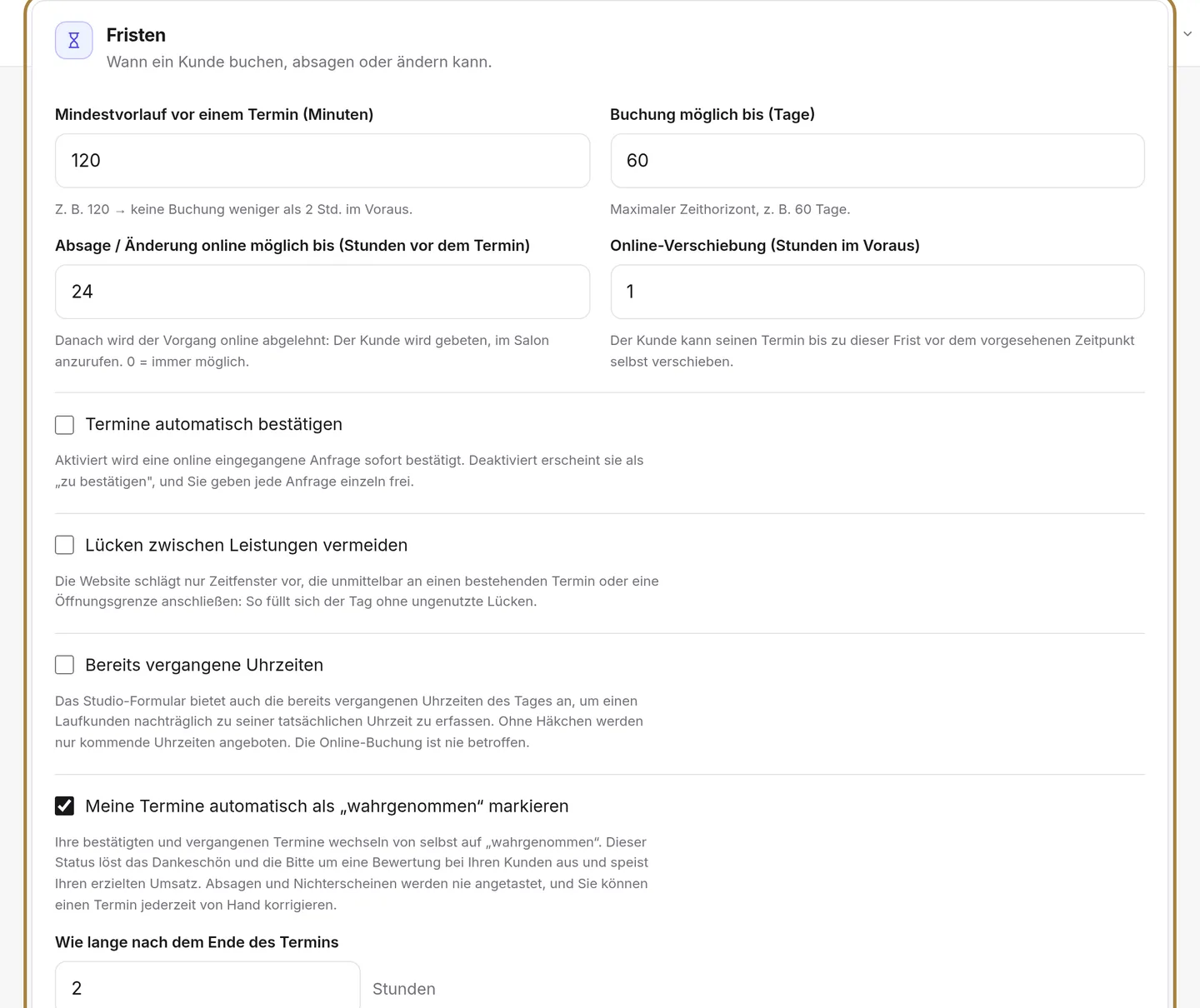 Die Fristen: Vorlaufzeit, Buchungshorizont, Online-Stornierung.