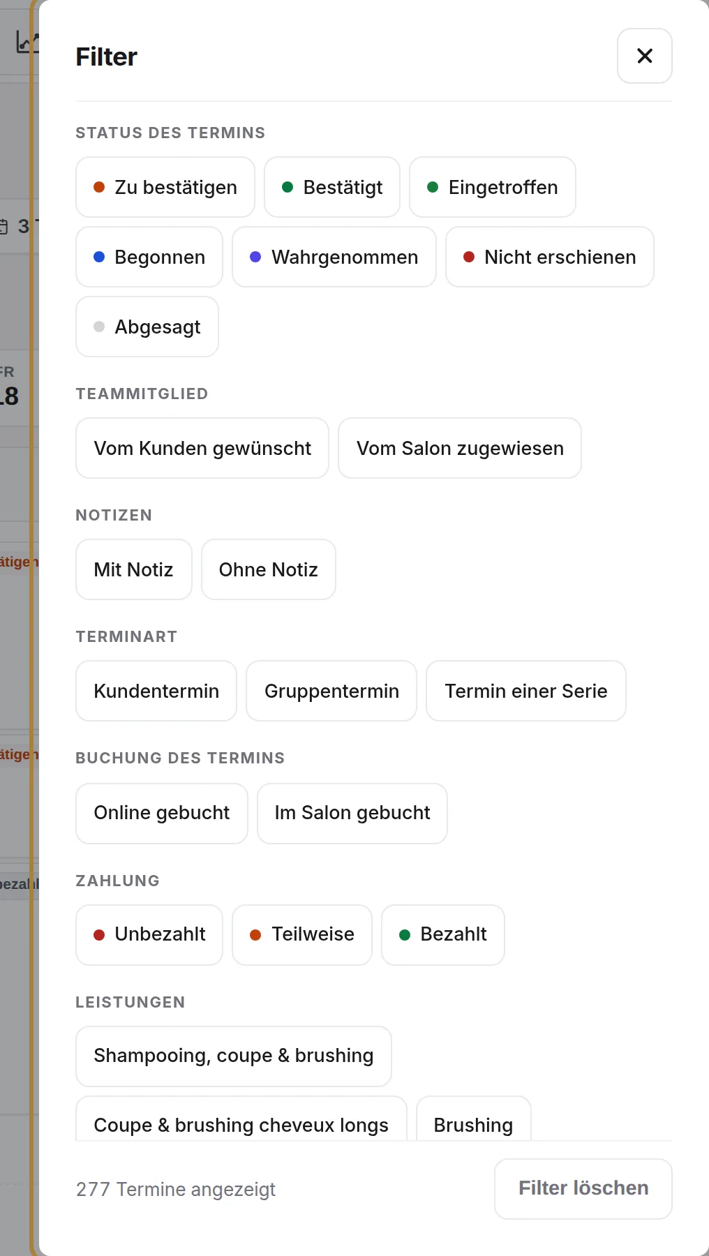 Die Filter: Status, Zahlung, online oder im Salon gebucht, Leistungen, Notizen …