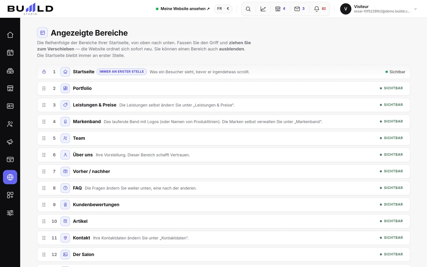Die Bereiche Ihrer Website, in der tatsächlichen Reihenfolge der Startseite.