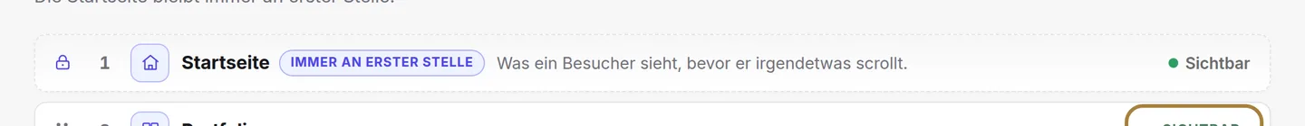 Sichtbar oder ausgeblendet: Das Symbol zeigt, ob der Bereich auf der Website erscheint.