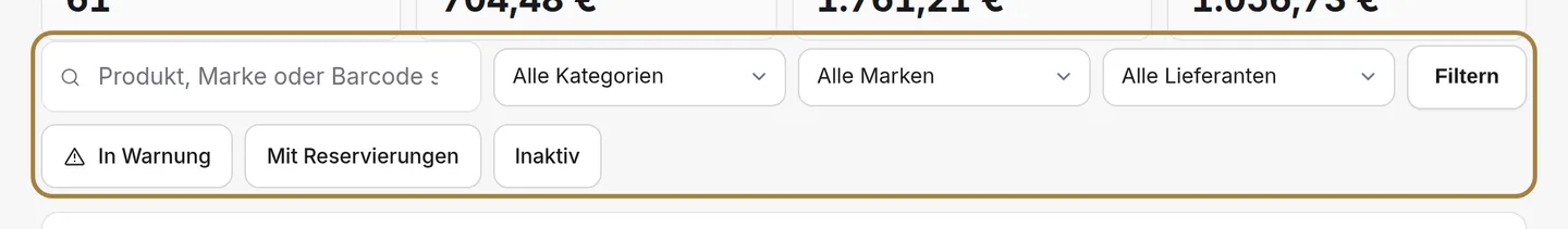 Ein Produkt finden: Name, Referenz, Kategorie, Marke, Lieferant.