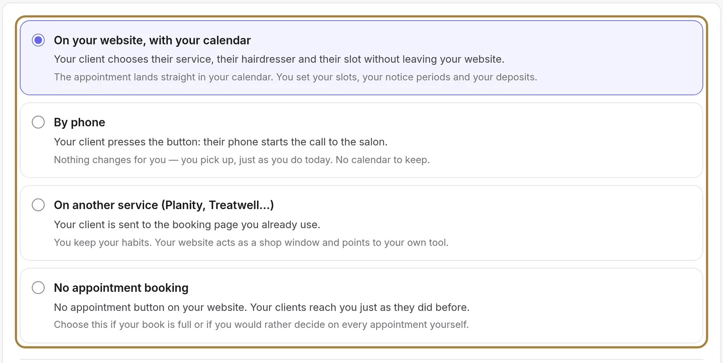 Each choice is described by what your client experiences, then by what it changes for you.
