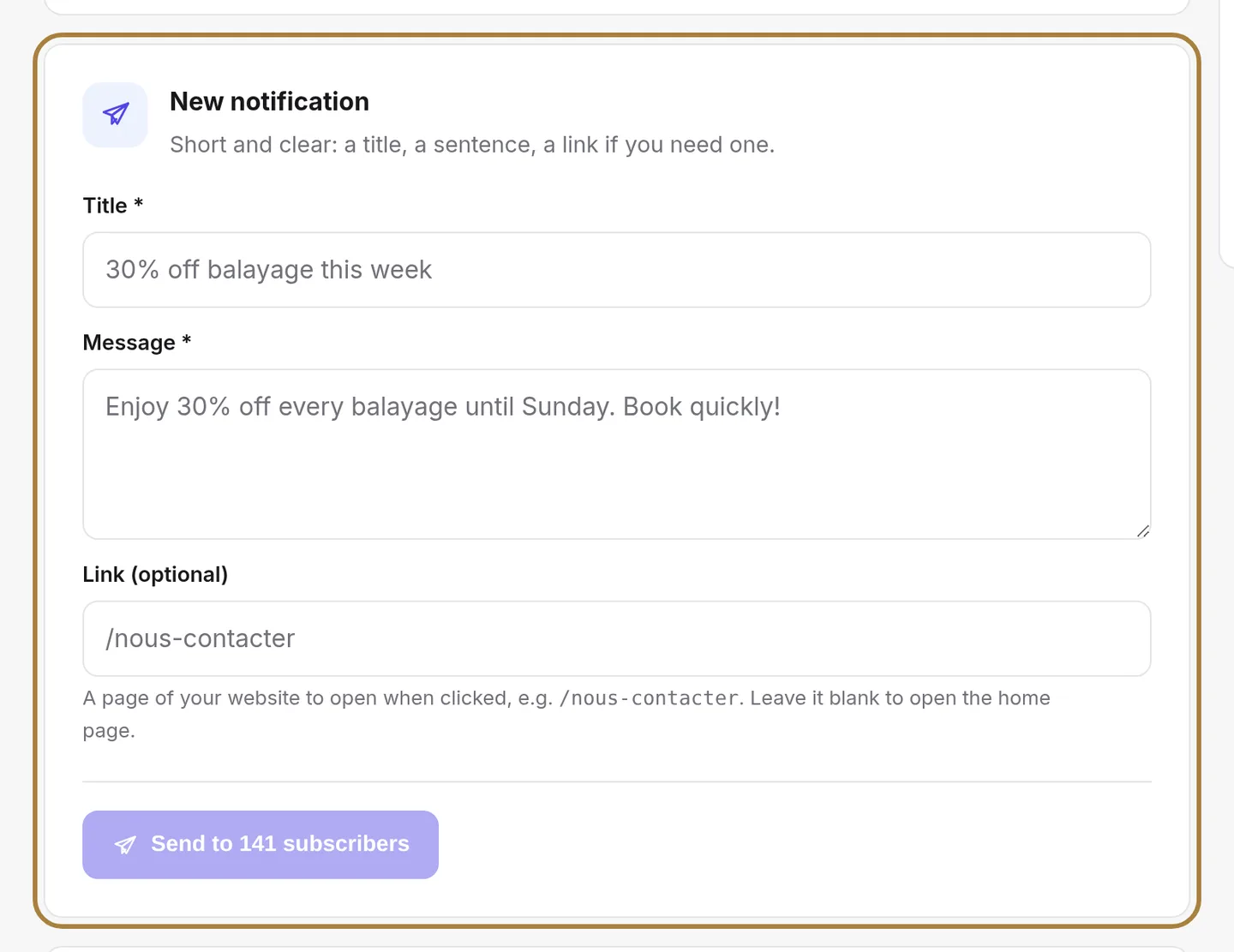 Writing a notification: a title, a sentence, a link.