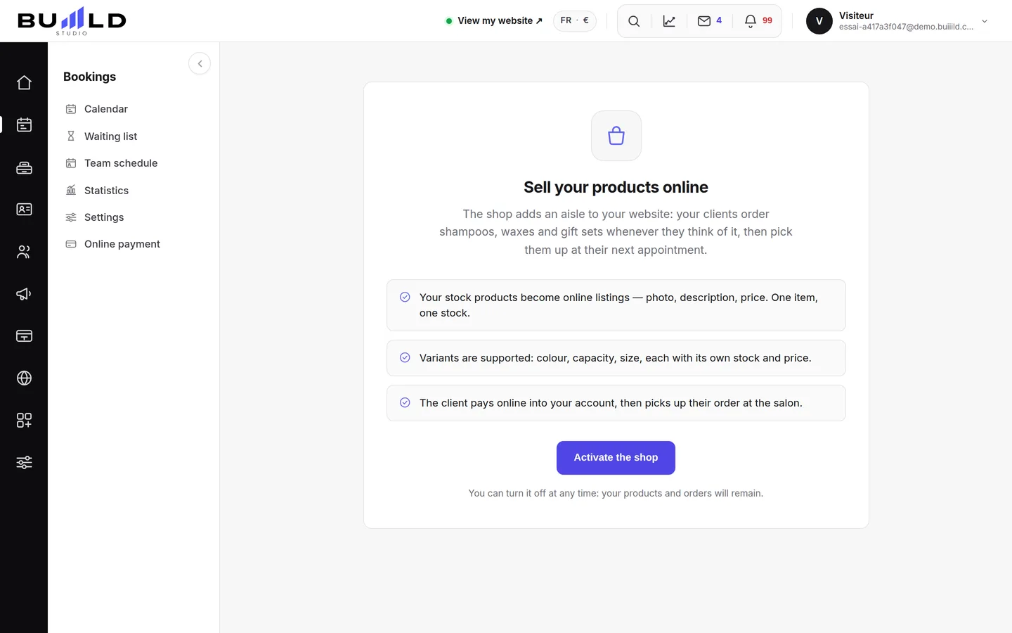 The activation screen, while the shop is off.