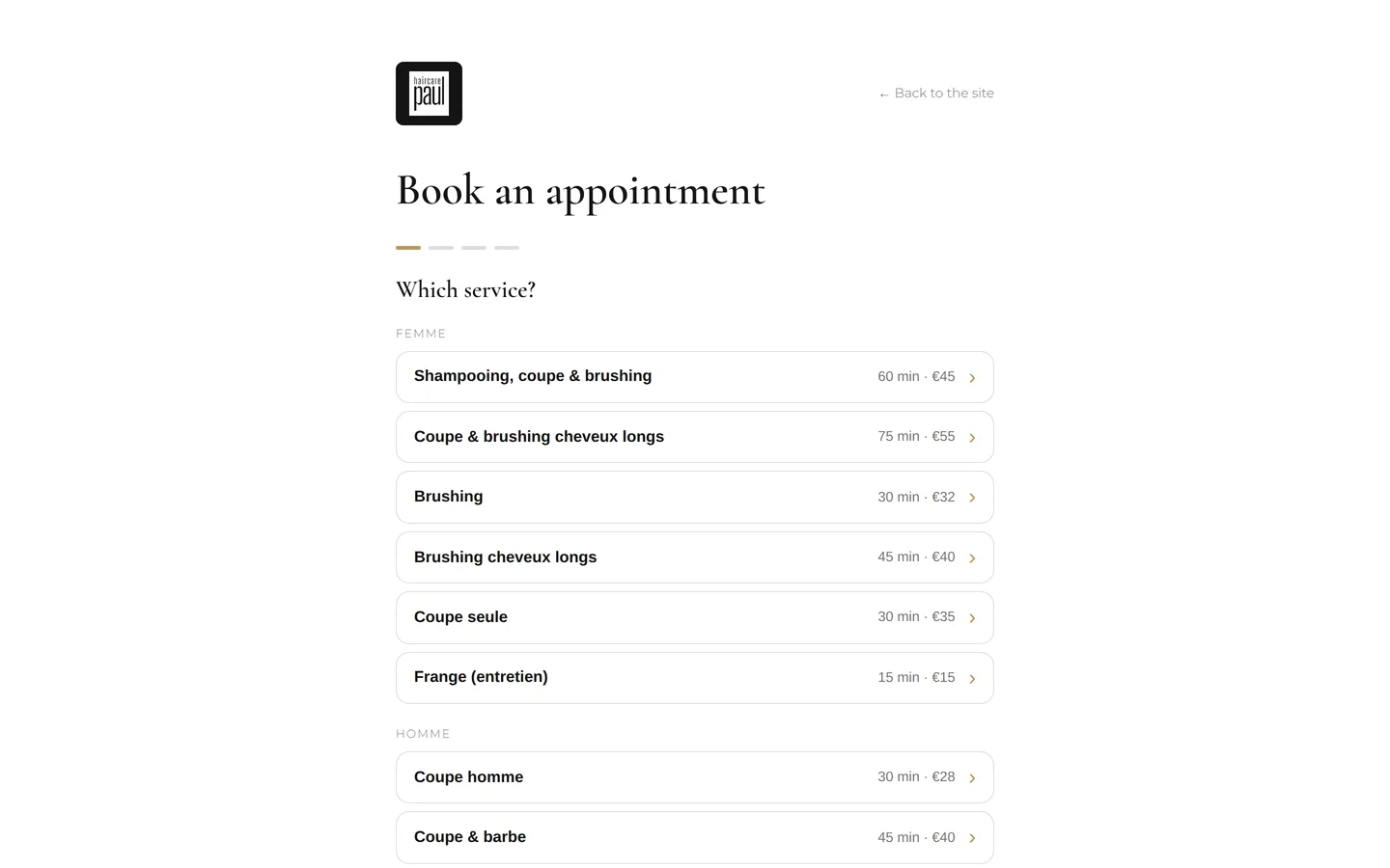 Your site's booking page, as a client sees it.