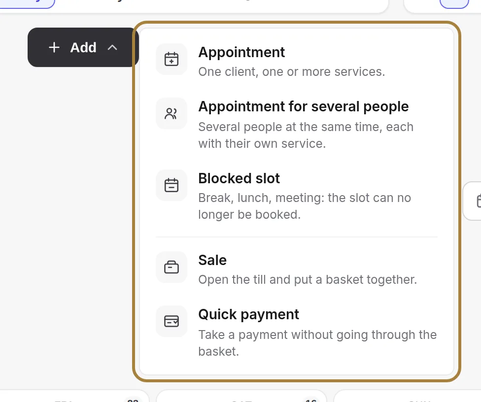The Add button: appointment, group appointment, blocked slot, sale, quick payment.