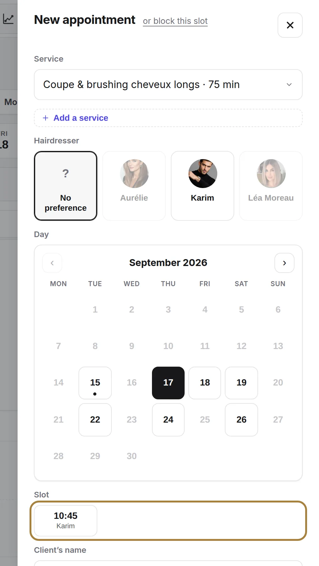 3 and 4. The day and the slot: only free slots are offered.