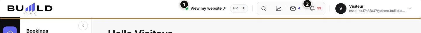 The top bar: "View my site" (1) and the bell (2).