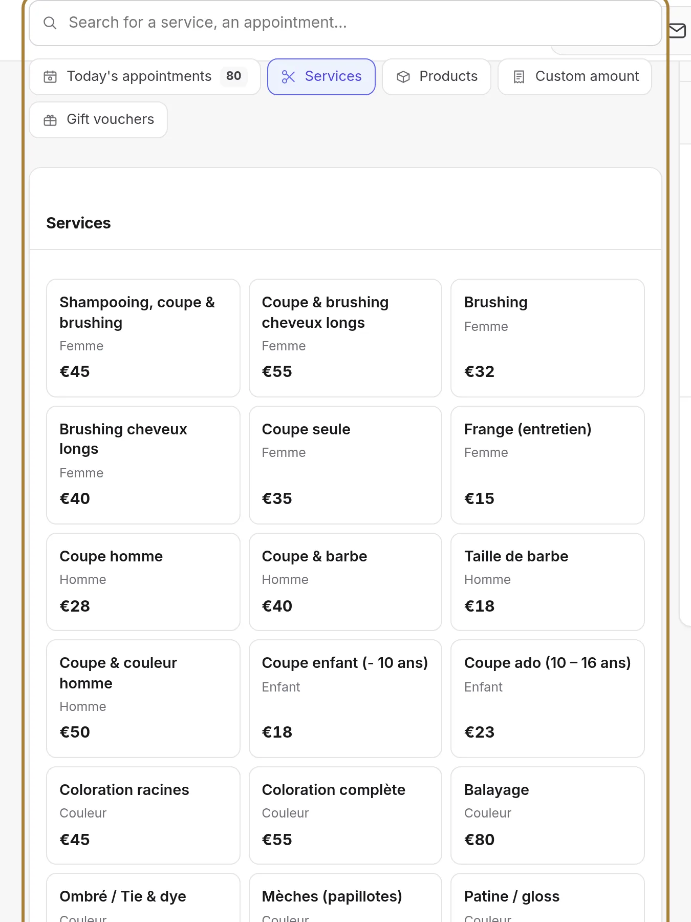 Where what you're selling comes from: today's appointments, services, products, free amount, gift cards, to invoice.