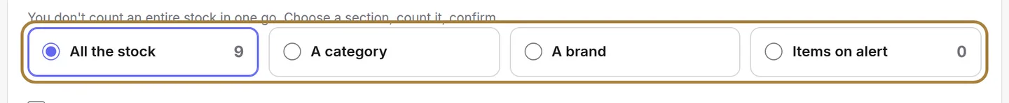 Choosing what you're counting: everything, a category, a brand, or alerts only.