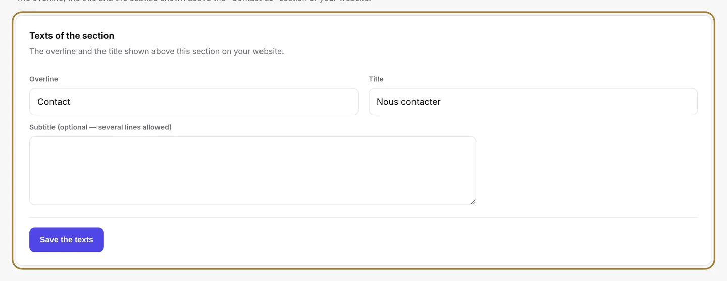 The Contact section's texts.