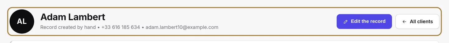 The header: identity, direct contact details, record origin, Edit button.