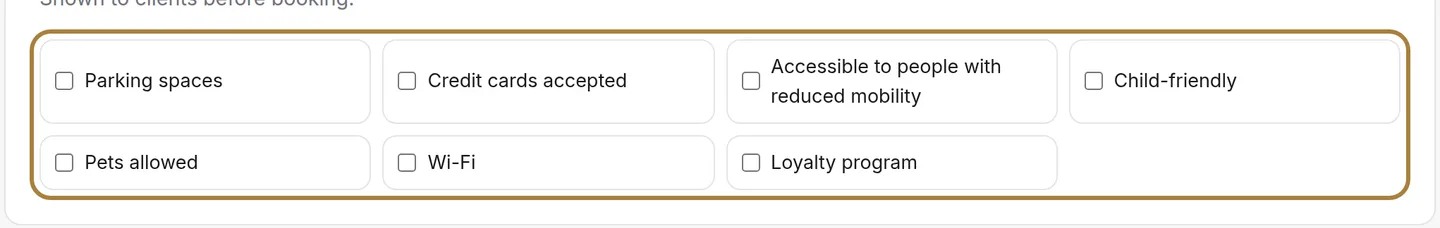 "Your amenities: only tick what you genuinely have."