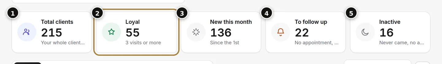 Total (1), loyal (2), new this month (3), to follow up (4), inactive (5).