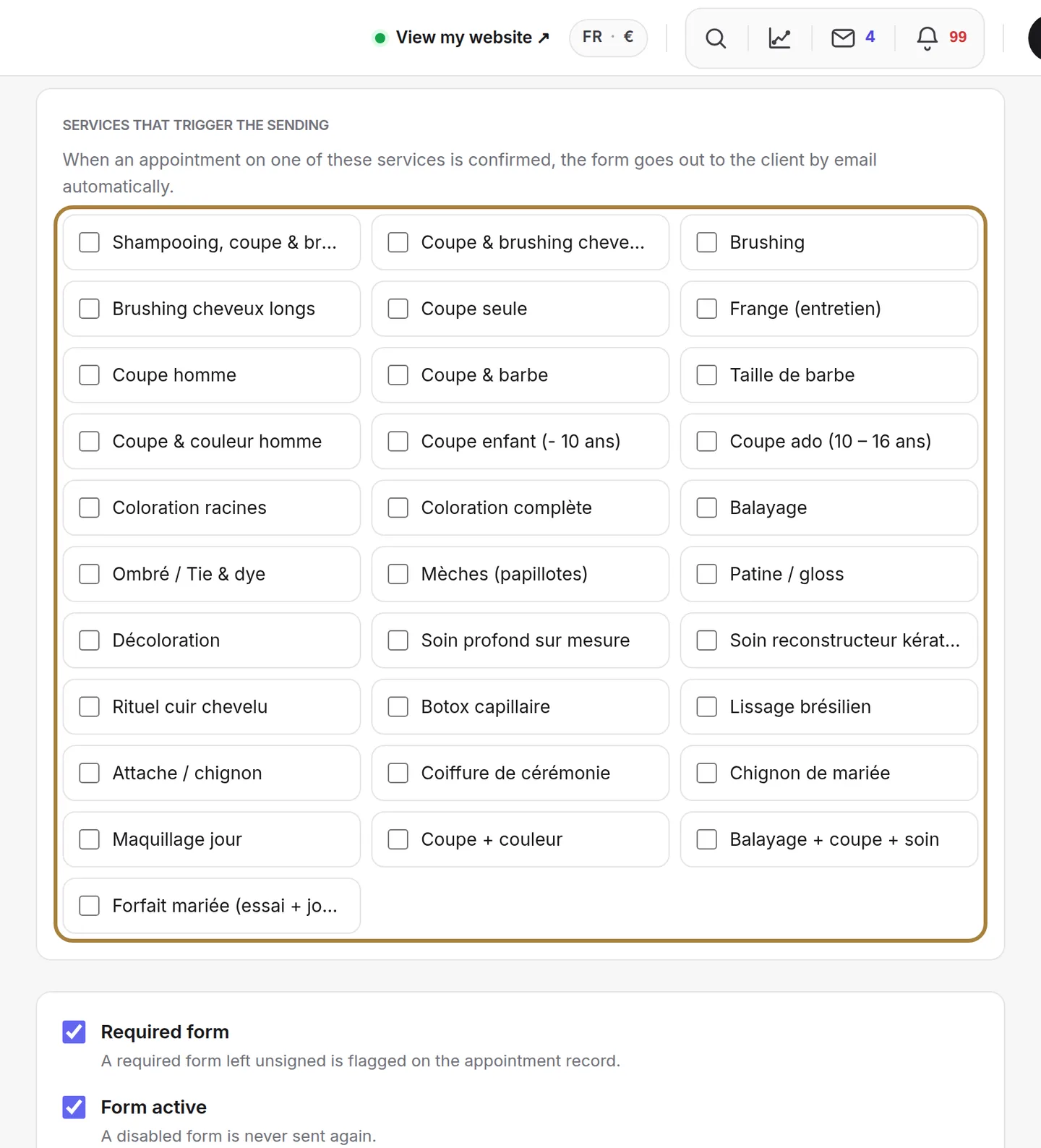 Linked to a service, the form goes out on its own at booking.
